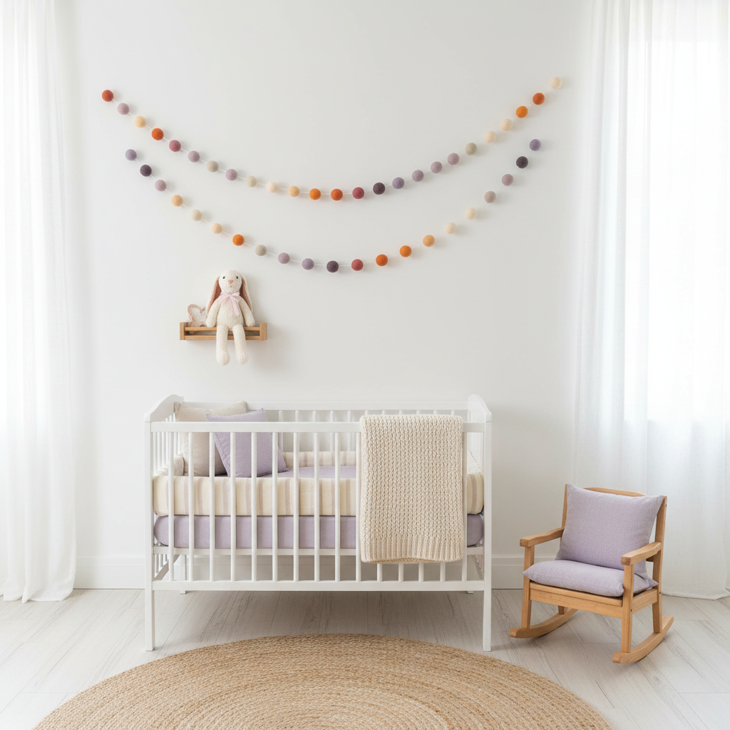Guirlande de pompons feutrés mauve orange suspendue dans une chambre bébé fille