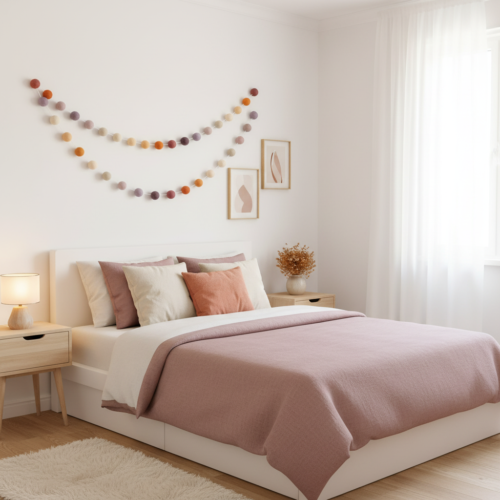Guirlande de pompons feutrés mauve orange suspendue dans une chambre