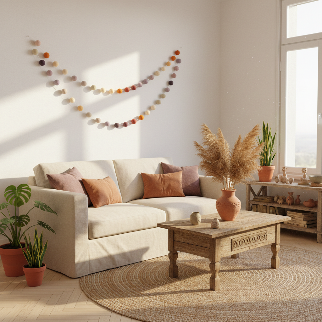 Guirlande de pompons feutrés mauve orange suspendue dans un salon bohème