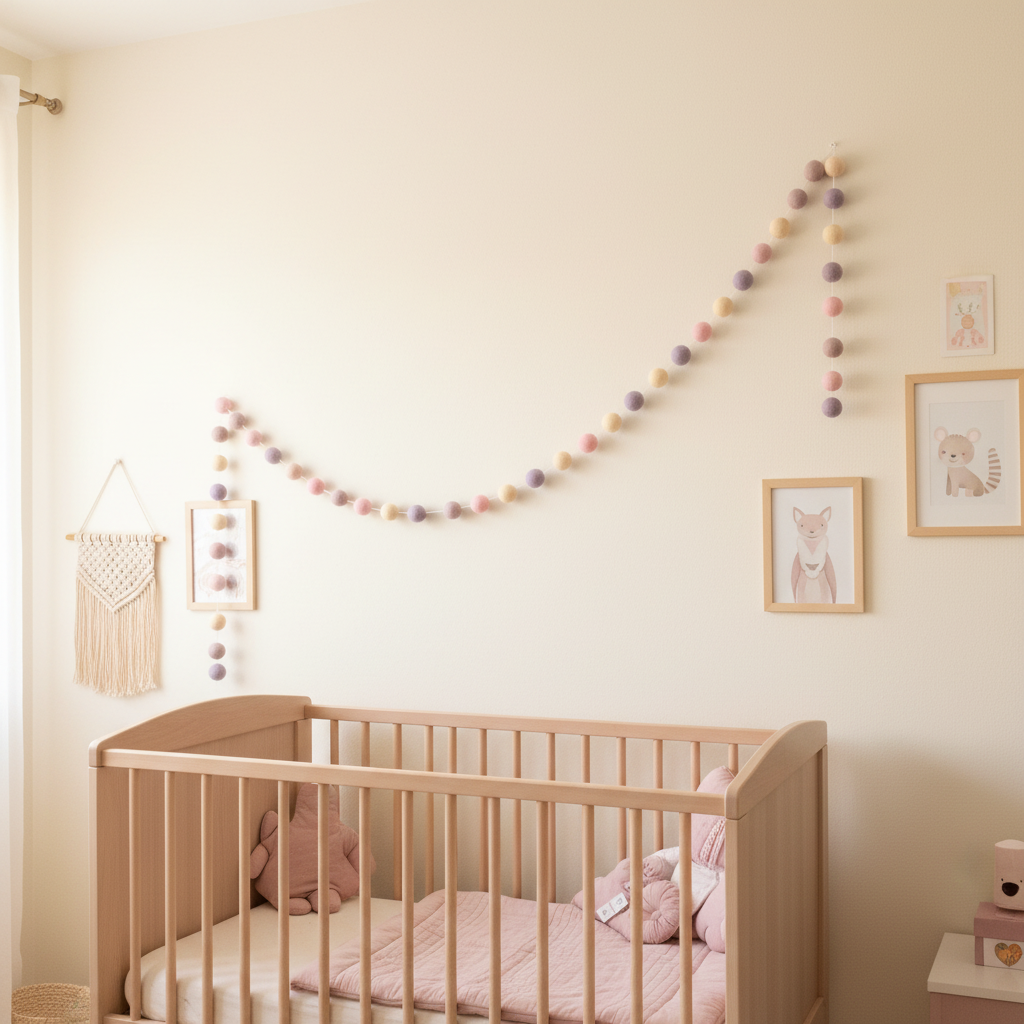 Guirlande de pompons feutrés mauve rose dans une chambre bébé