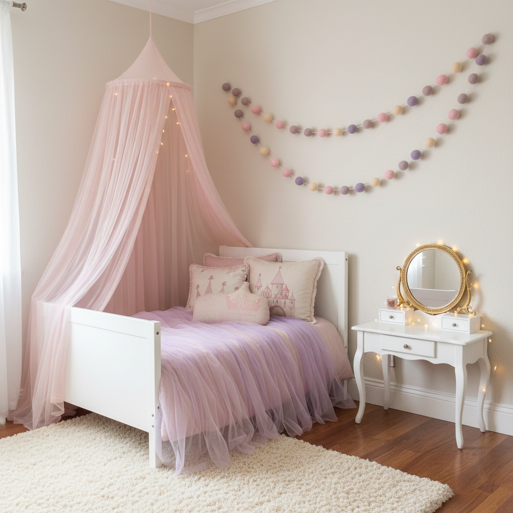 Guirlande de pompons feutrés mauve rose dans une chambre féerique