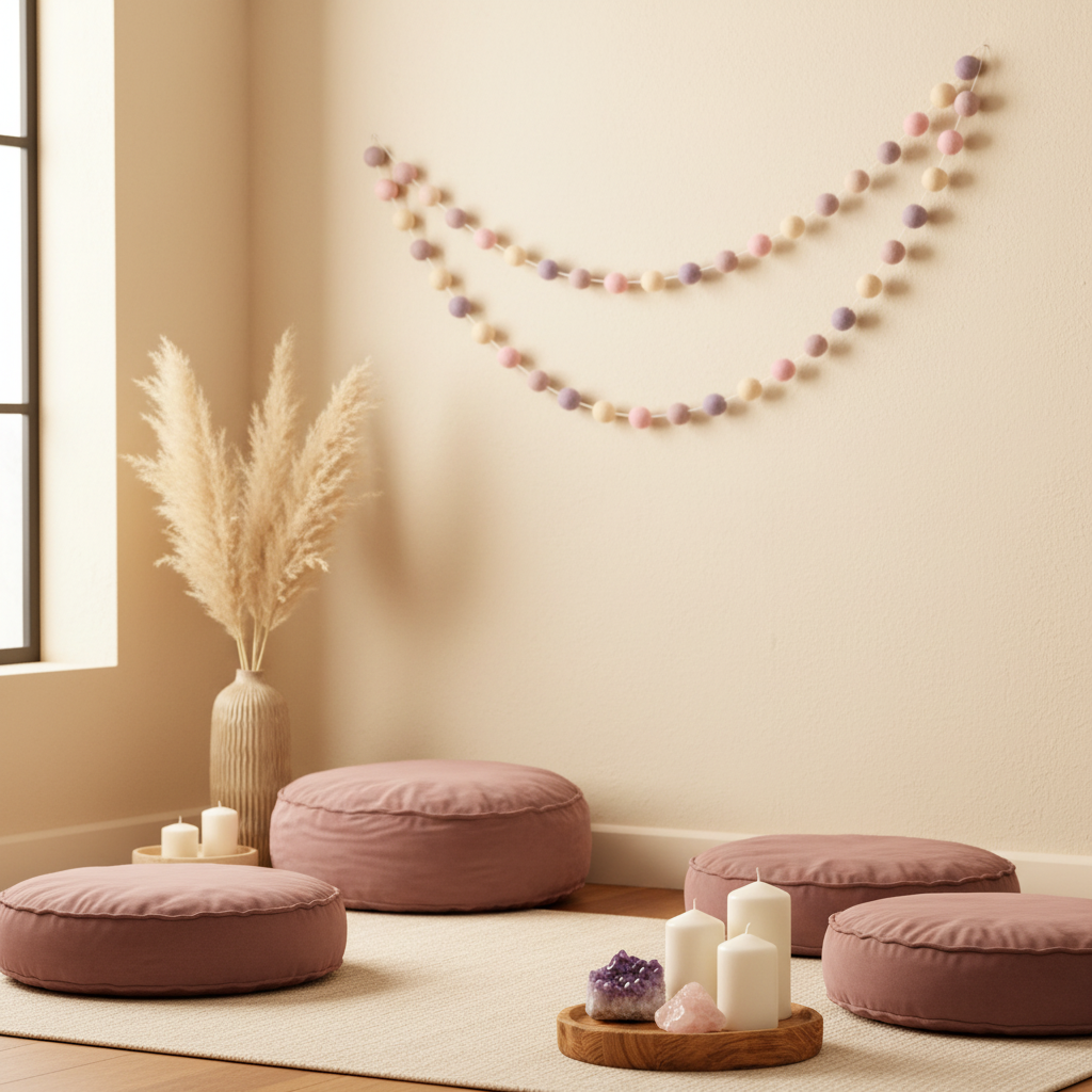 Guirlande de pompons feutrés dans un espace de méditation