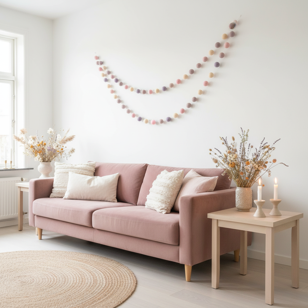 Guirlande de pompons feutrés mauve rose dans un salon romantique