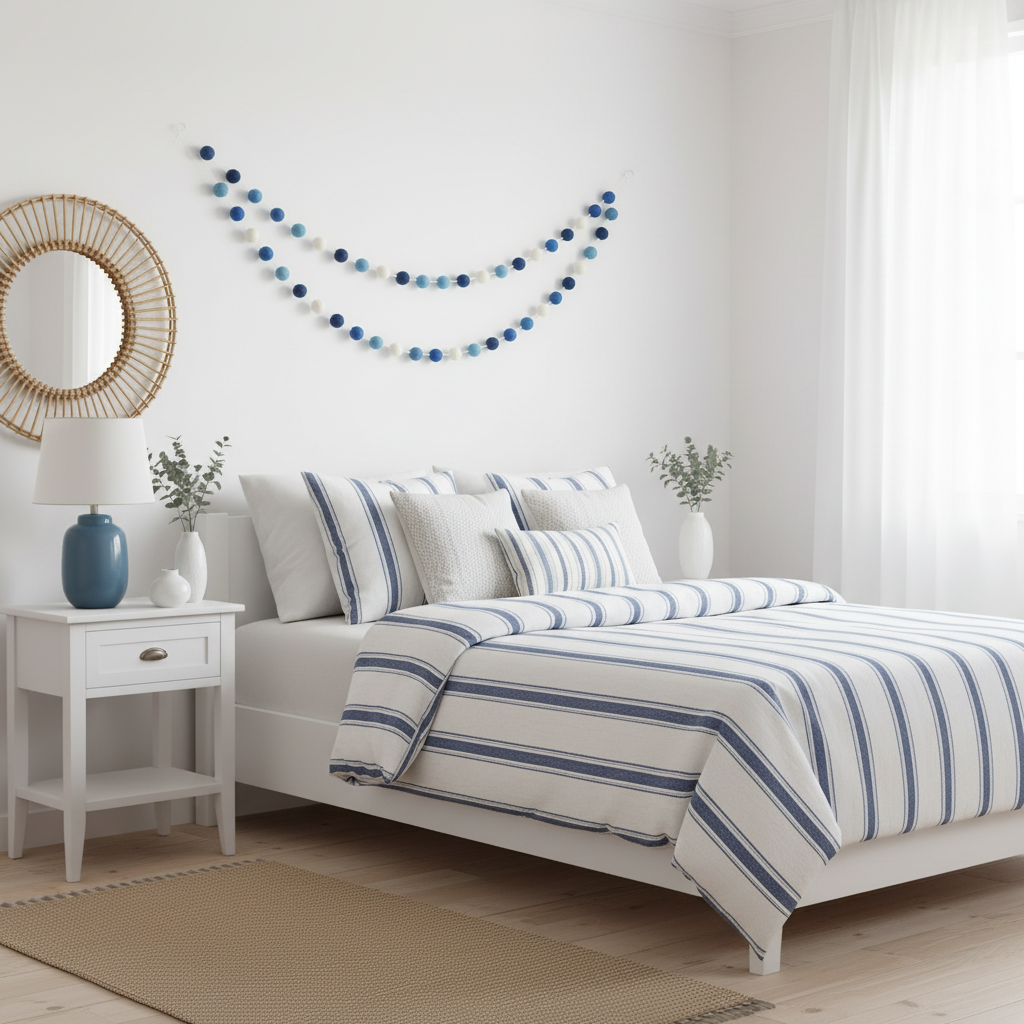 Guirlande de pompons feutrés méditerrannée suspendue dans une chambre marine