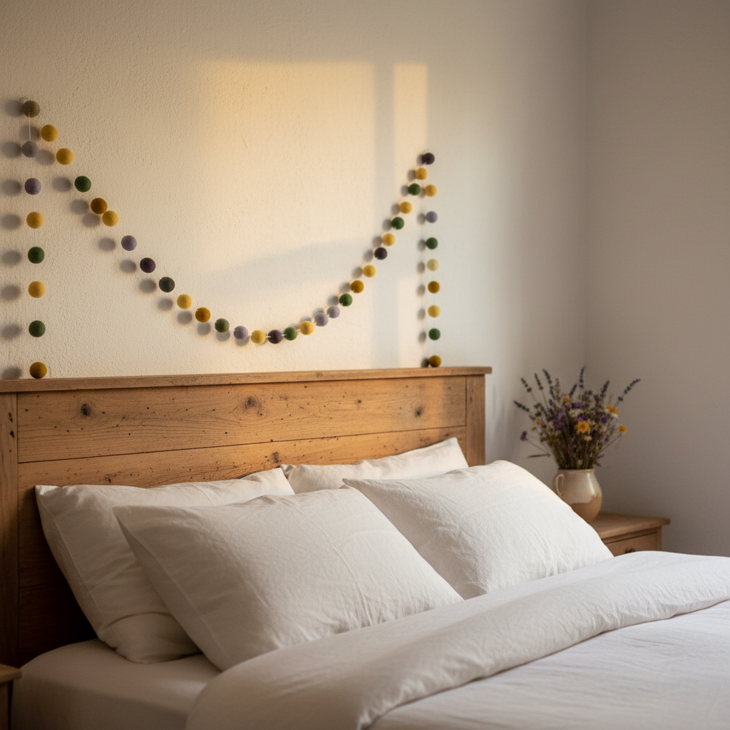 Guirlande de pompons feutrés miel lavande accrochée au-dessus d'un lit dans une chambre campagnarde française, lumière dorée, pompons jaune ocre vert lavande violet, CELAINEDECO