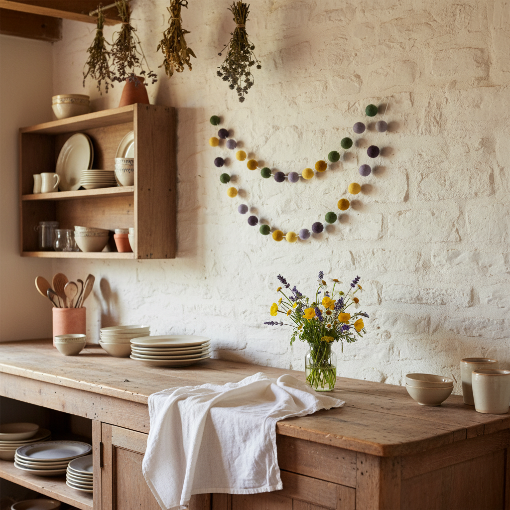 Guirlande de pompons feutrés miel lavande suspendue sur un mur de cuisine rustique campagnarde, étagères en bois et céramiques, pompons jaune vert lavande violet, CELAINEDECO
