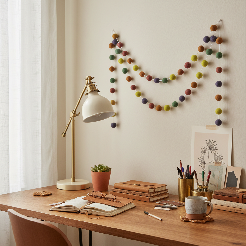 Guirlande de pompons feutrés multicolore vintage suspendue dans un bureau