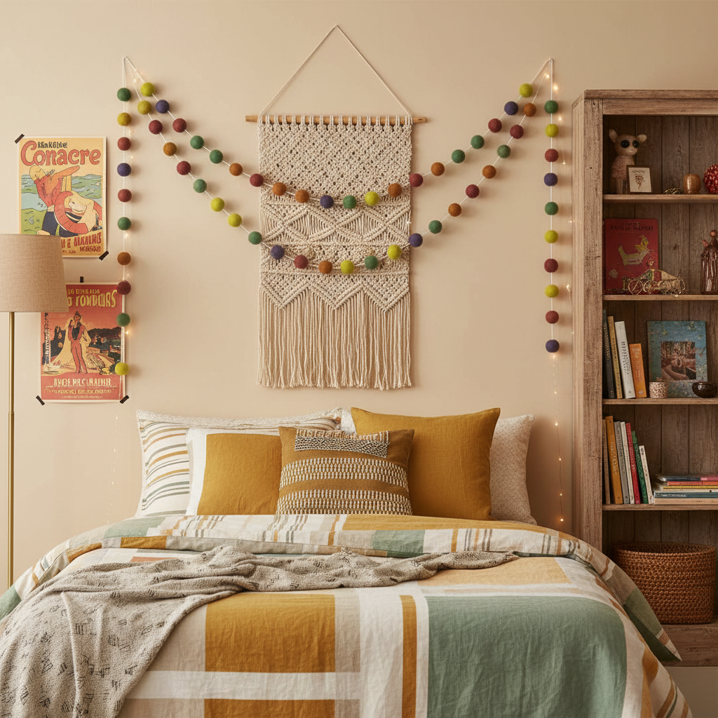 Guirlande de pompons feutrés multicolore vintage suspendue sur le mur d'une chambre