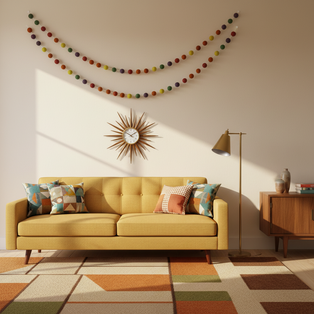 Guirlande de pompons feutrés multicolore vintage fixée sur un mur dans un salon mid-century