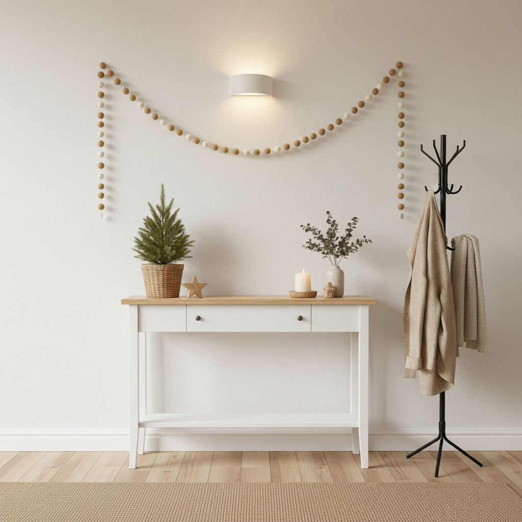 Guirlande de pompons feutrés noël beige blanc dans une entrée