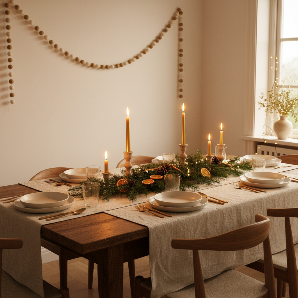 Guirlande de pompons feutrés noël beige blanc dans une salle à manger