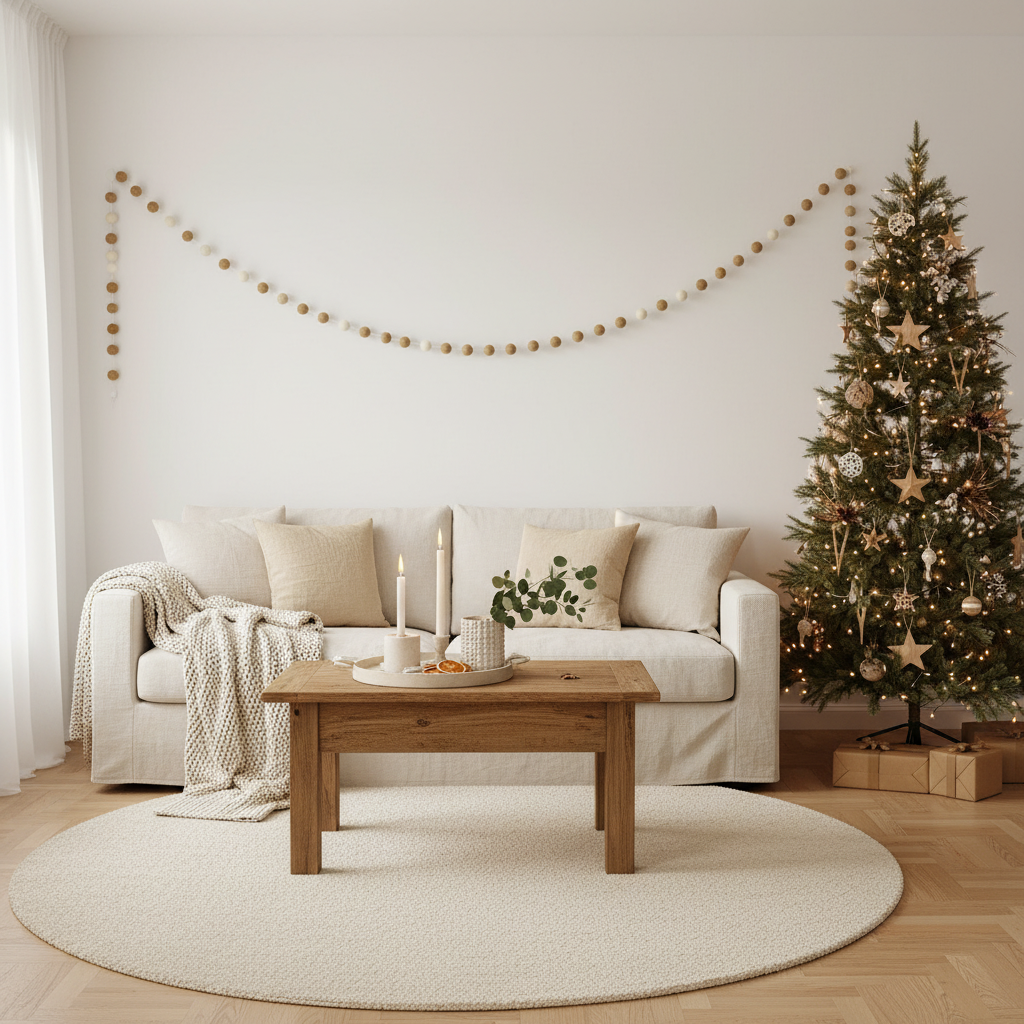 Guirlande de pompons feutrés noël beige blanc dans un salon
