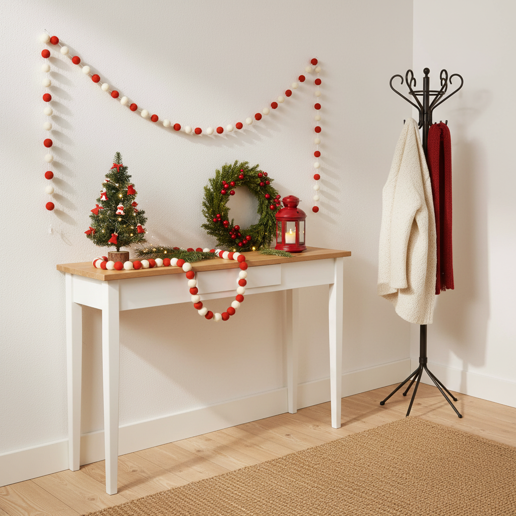 Guirlande de pompons feutrés noël beige blanc dans une entrée
