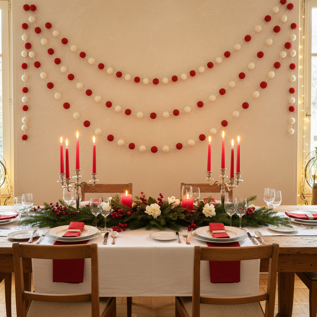 Guirlande de pompons feutrés noël beige blanc dans une salle à manger