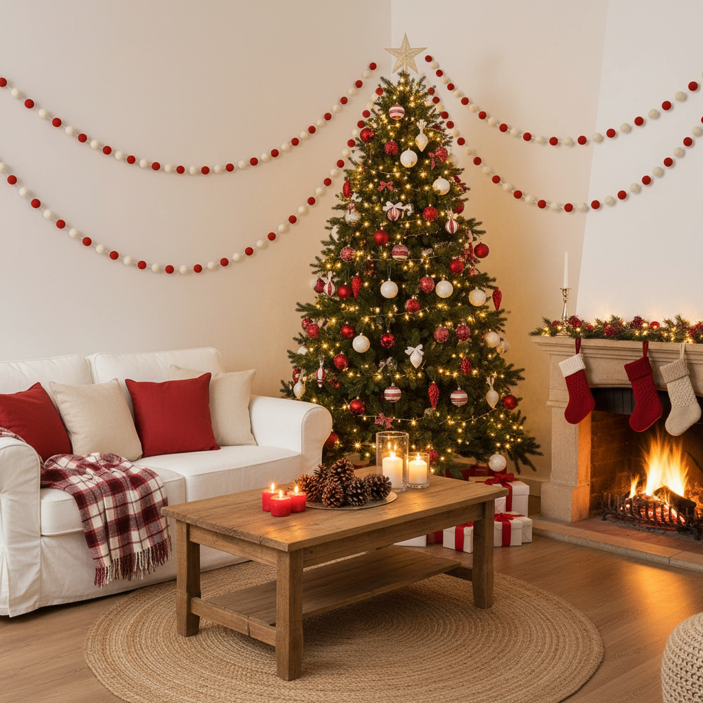 Guirlande de pompons feutrés noël rouge blanc dans un salon