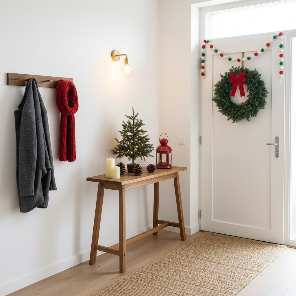 Guirlande de pompons feutrés noël rouge blanc vert suspendue dans une entrée