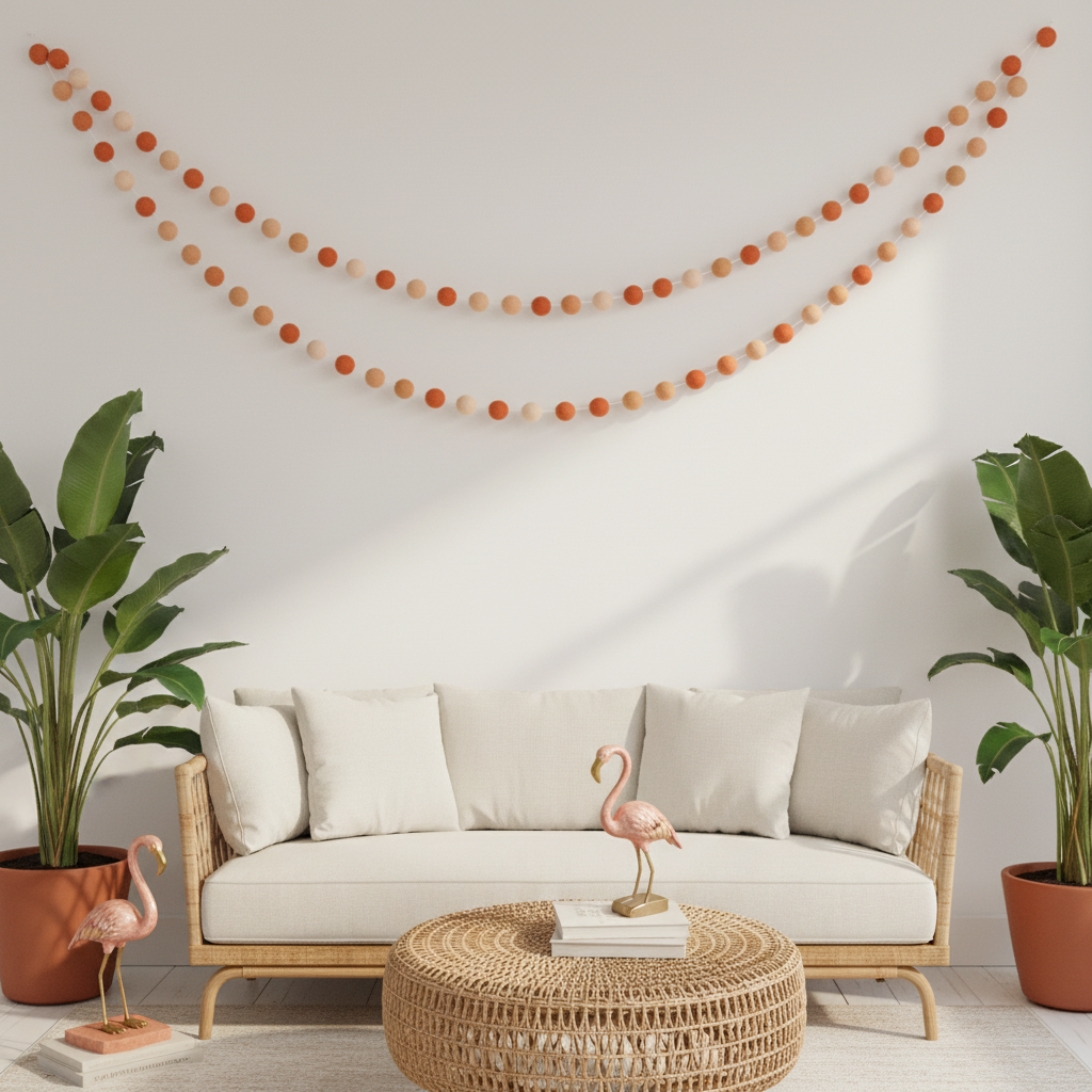 Guirlande de pompons feutrés flamingo suspendue dans un salon botanique chic