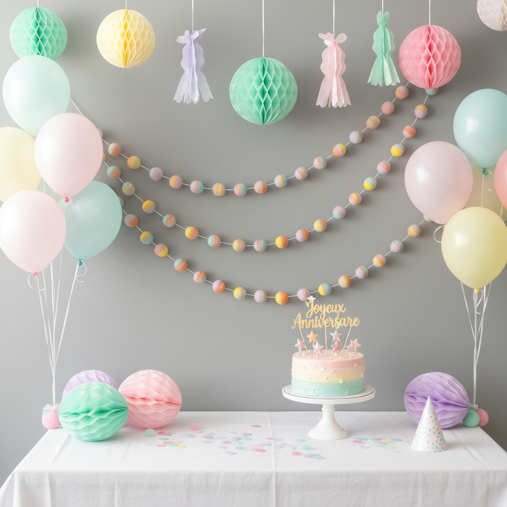 Guirlande de pompons feutrés pastel mix suspendue pour un fête d'anniversaire