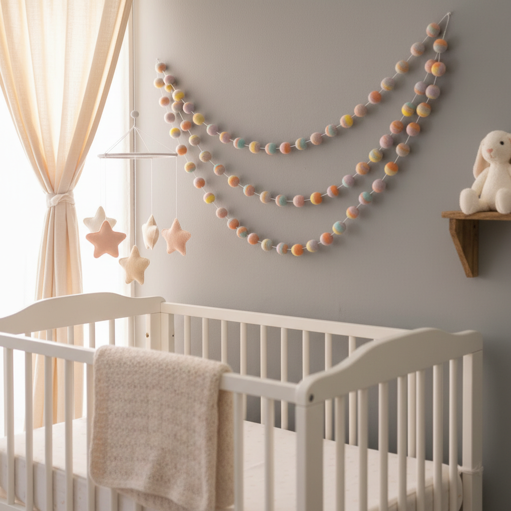 Guirlande de pompons feutrés pastel mix suspendue dans une chambre bébé