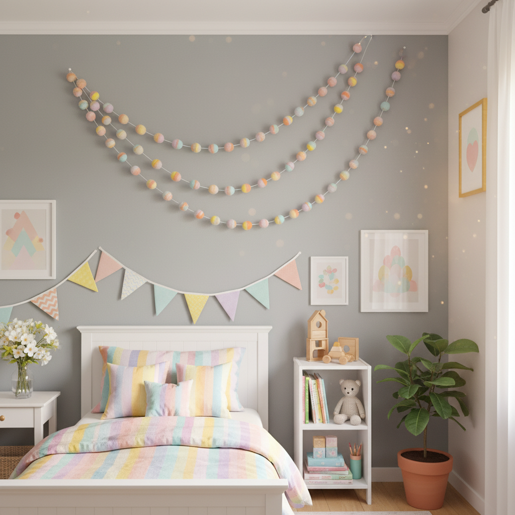 Guirlande de pompons feutrés pastel mix suspendue dans une chambre d'enfant