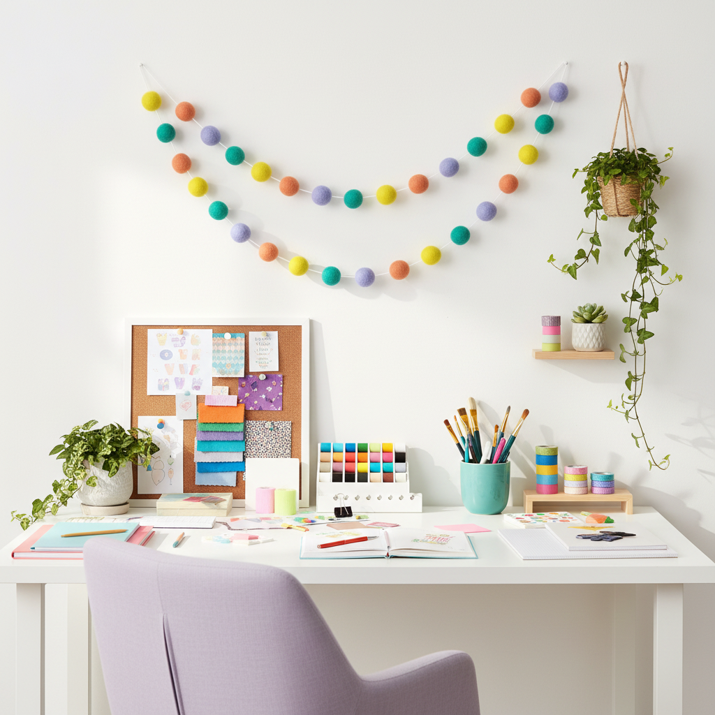 Guirlande de pompons feutrés pastel pop dans un bureau créatif