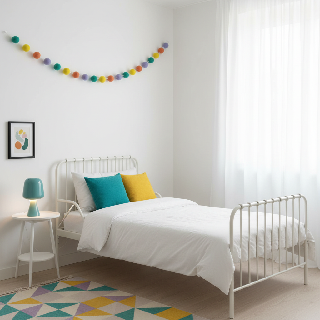 Guirlande de pompons feutrés pastel pop suspendue sur le mur d'une chambre d'enfant