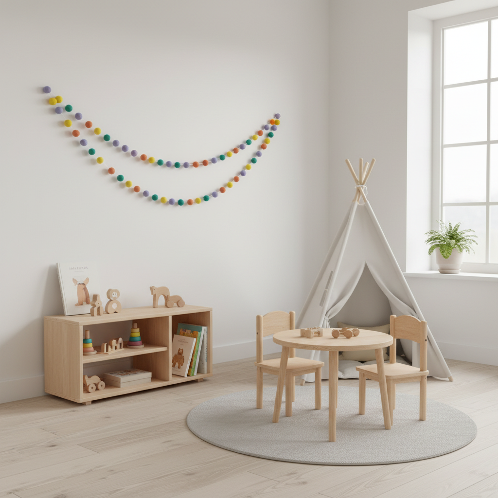 Guirlande de pompons feutrés pastel pop suspendue dans un espace jeux pour enfant