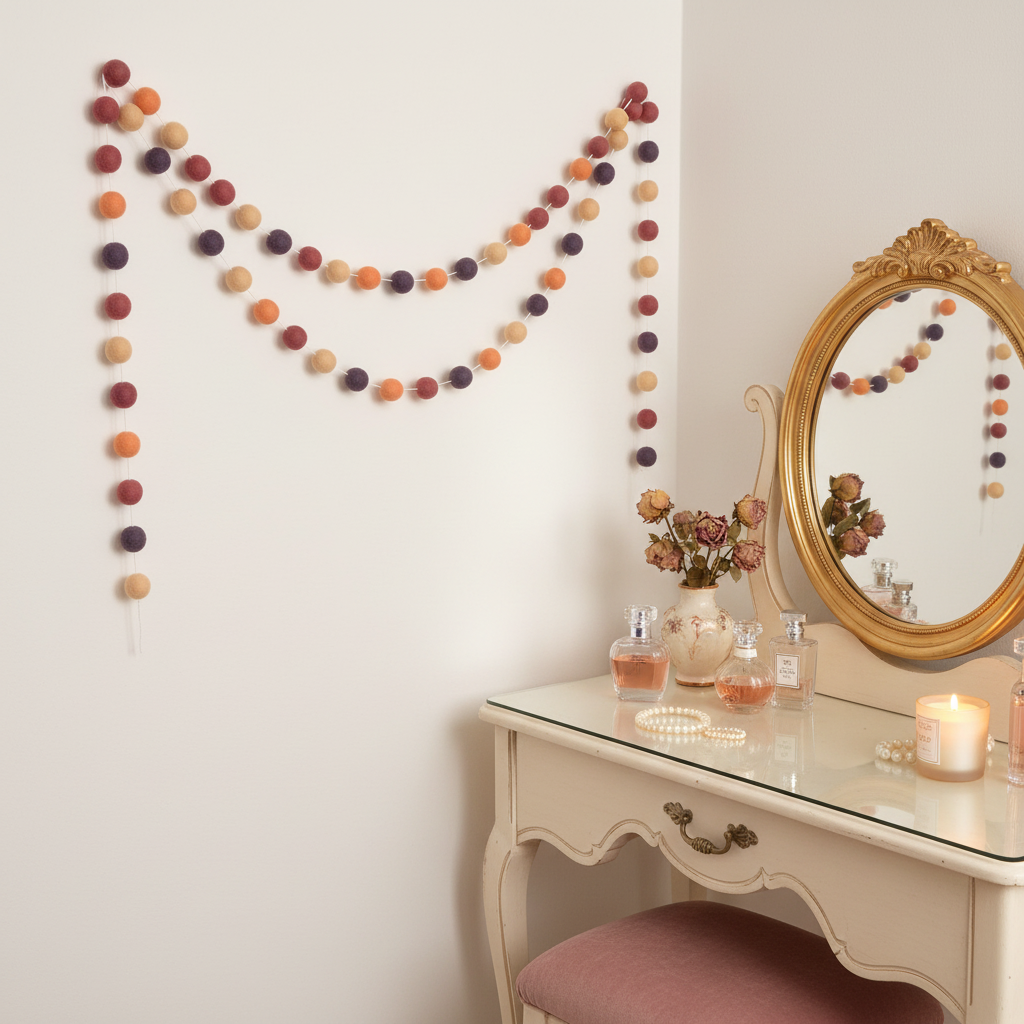 Guirlande de pompons feutrés pêche améthyste suspendue près d'une coiffeuse style boudoir
