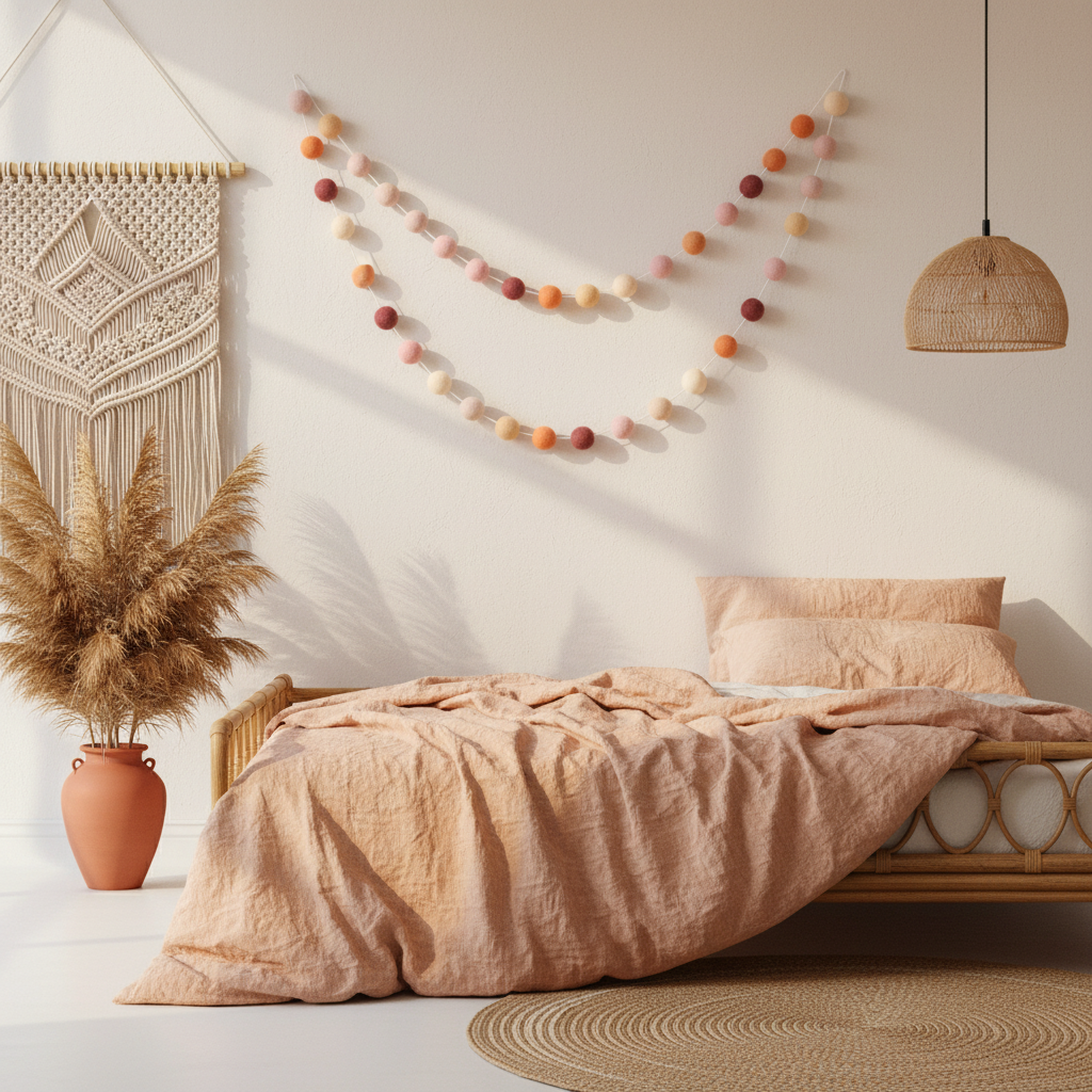 Guirlande de pompons feutrés pêche rose suspendue dans une chambre bohème
