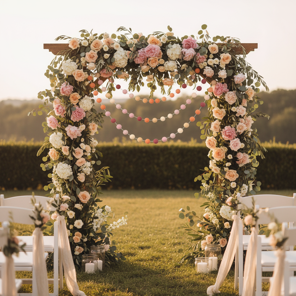 Guirlande de pompons feutrés pêche rose suspendue sur une arche de mariage