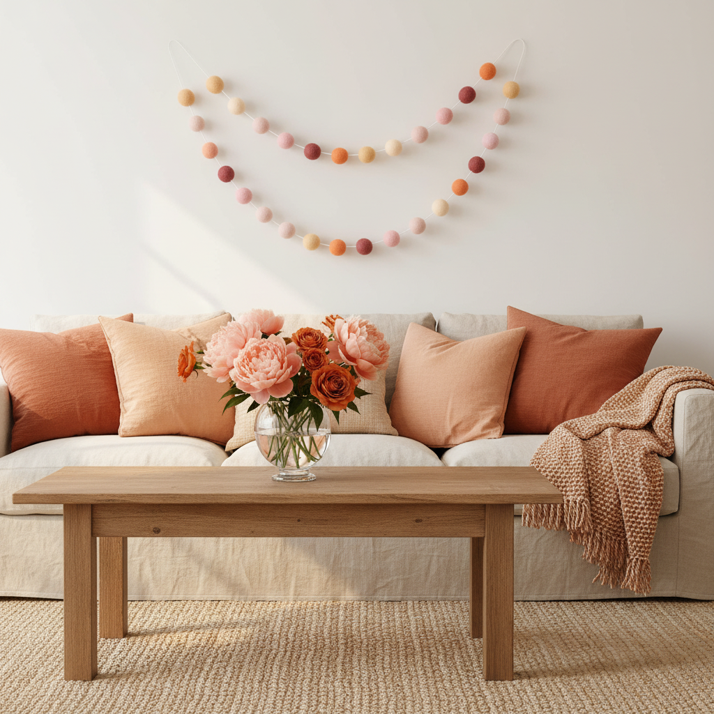 Guirlande de pompons feutrés pêche rose suspendue sur le mur d'un salon