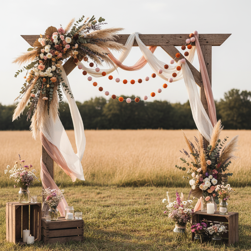 Guirlande de pompons feutrés pétale terracotta suspendue sur une arche de mariage