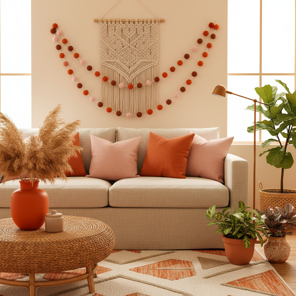 Guirlande de pompons feutrés pétale terracotta suspendue dans un salon bohème