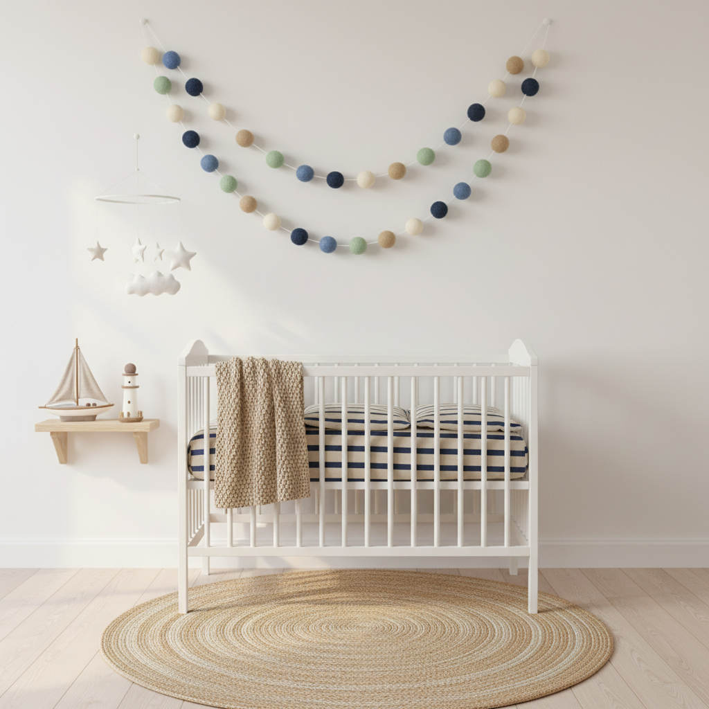 Guirlande de pompons feutrés riviera suspendue dans une chambre bébé garçon