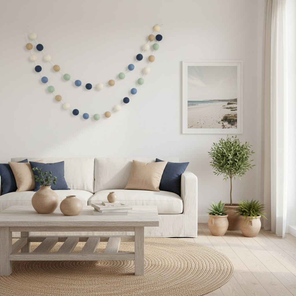 Guirlande de pompons feutrés riviera suspendue dans un salon inspiration côtière