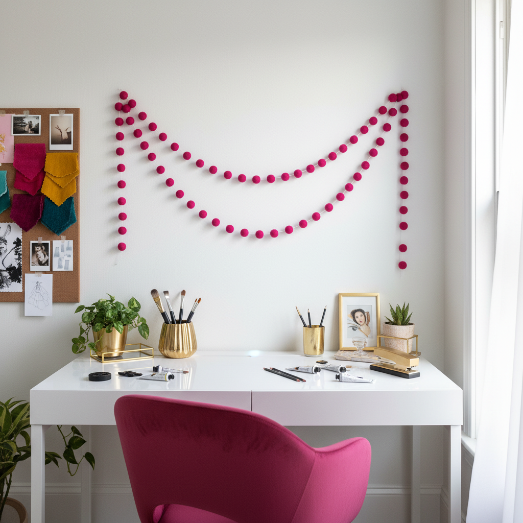 Guirlande de pompons feutrés rose magenta dans un bureau créatif