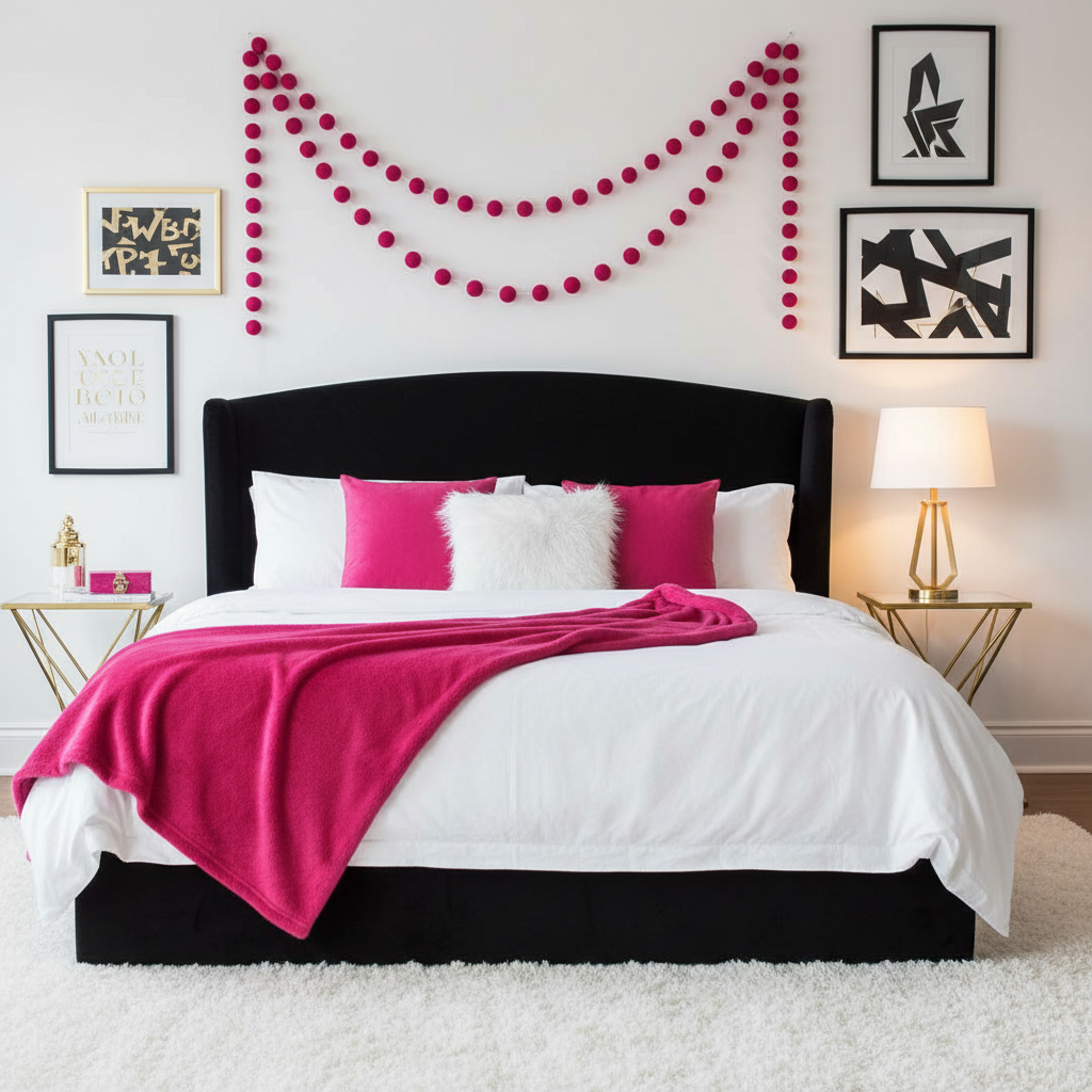 Guirlande de pompons feutrés rose magenta dans une chambre
