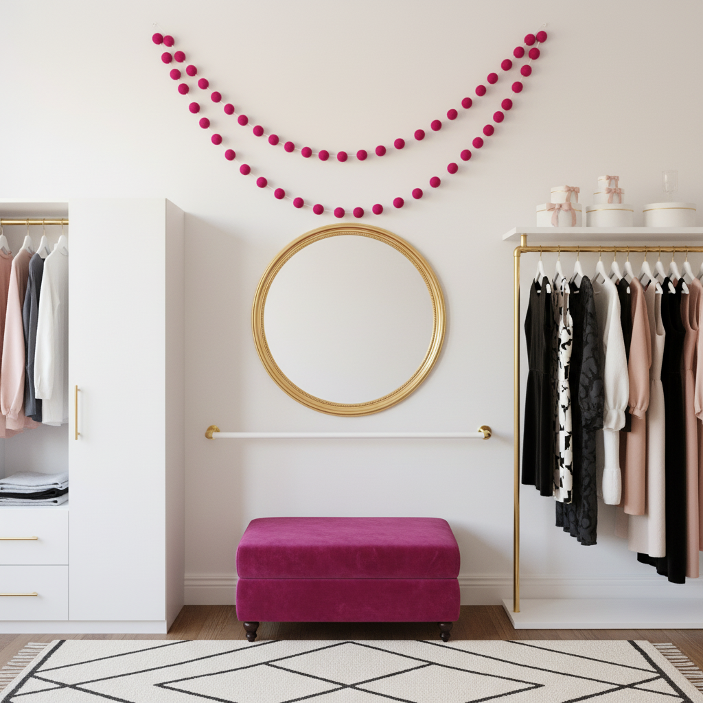 Guirlande de pompons feutrés rose magenta dans un dressing avec miroir doré