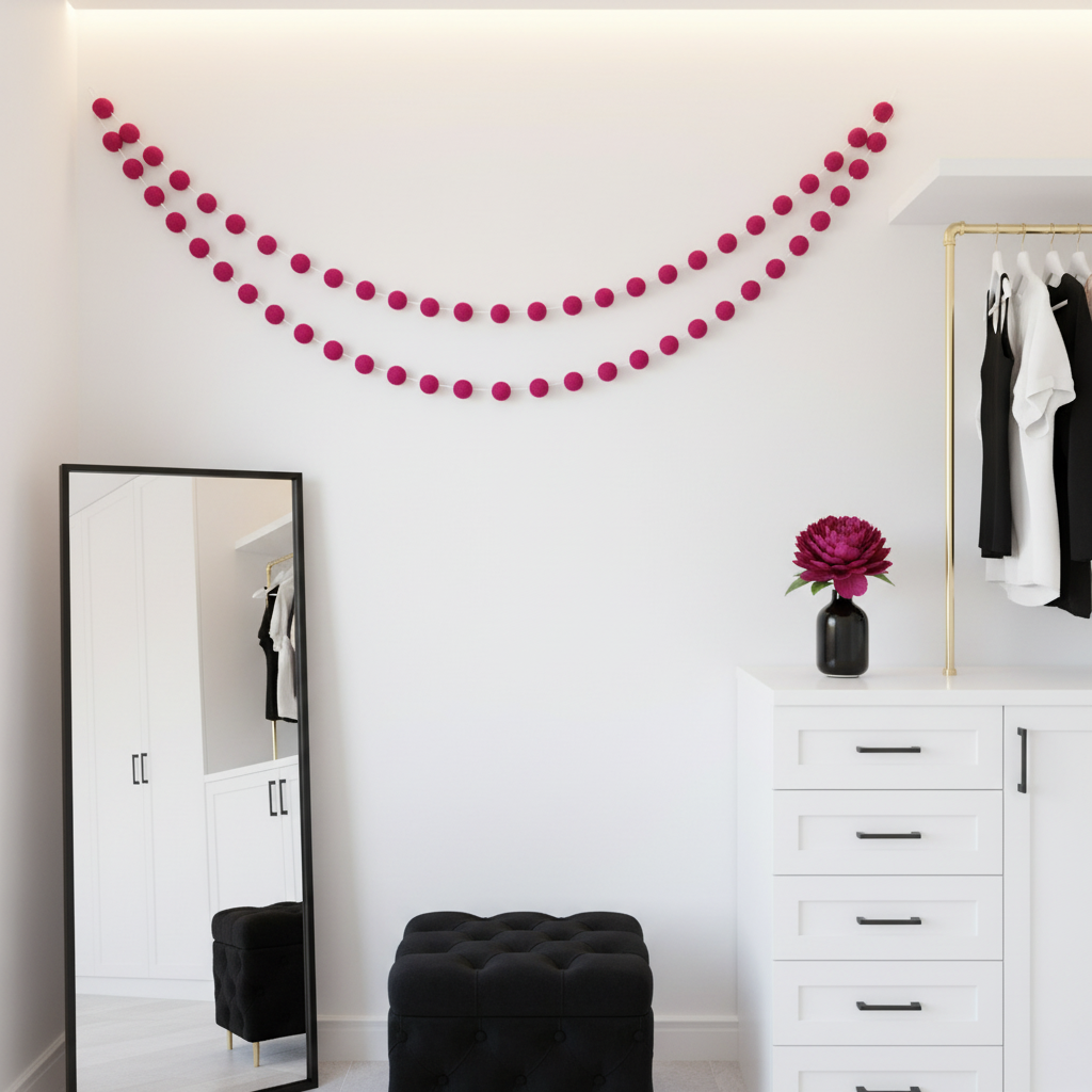 Guirlande de pompons feutrés rose magenta dans un dressing noir et blanc