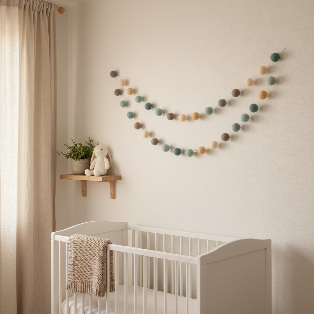 Guirlande de pompons feutrés sauge et pêche accrochée dans une chambre bébé
