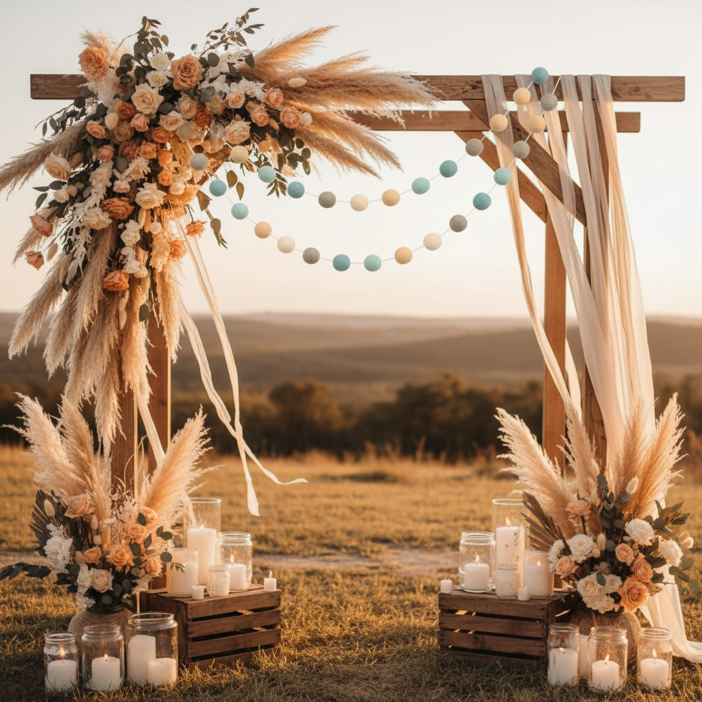 Guirlande de pompons feutrés sauge et pêche suspendue sur une arche de mariage bohème