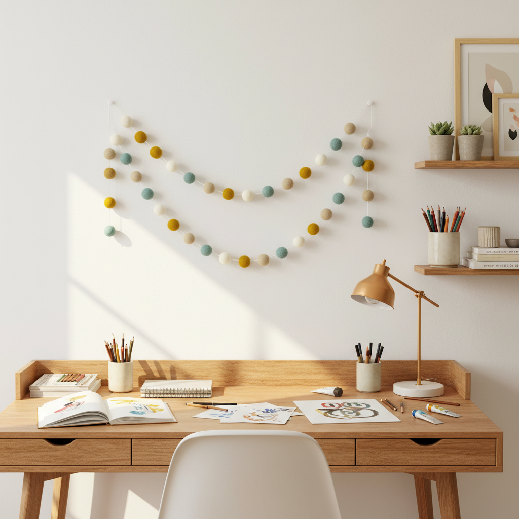 Guirlande de pompons feutrés scandinave dans un bureau créatif