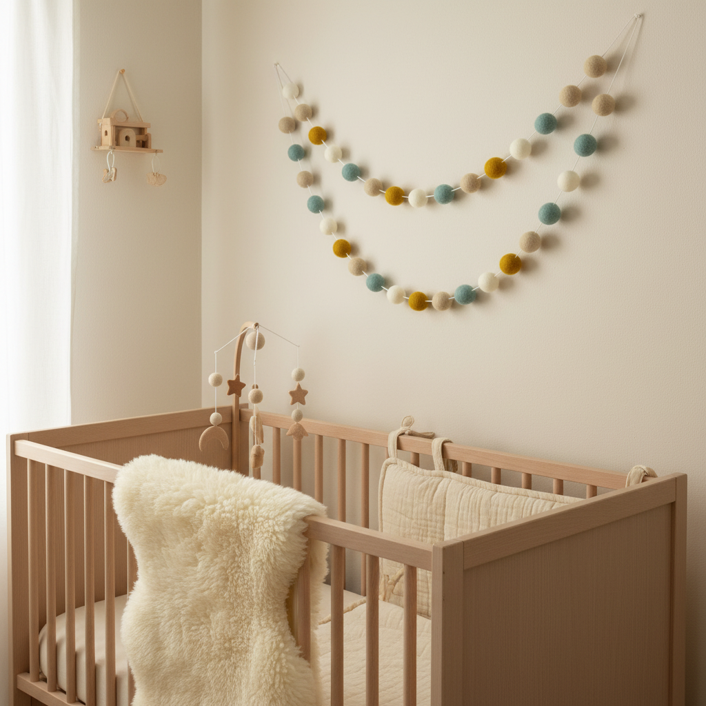 Guirlande de pompons feutrés scandinave dans une chambre bébé