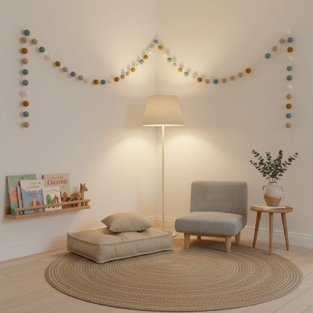 Guirlande de pompons feutrés scandinave dans un espace lecture