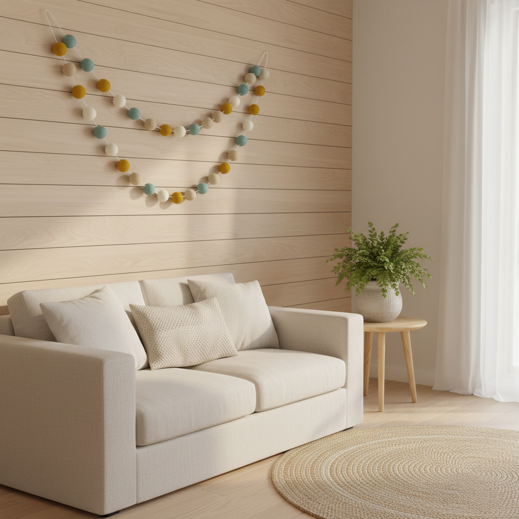 Guirlande de pompons feutrés scandinave dans un salon