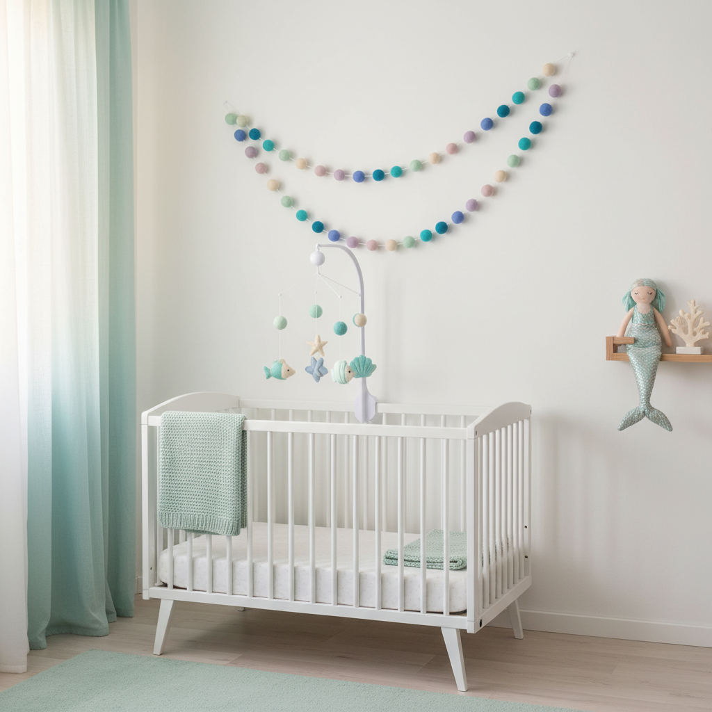Guirlande pompons feutrés sirène dans une chambre bébé fille
