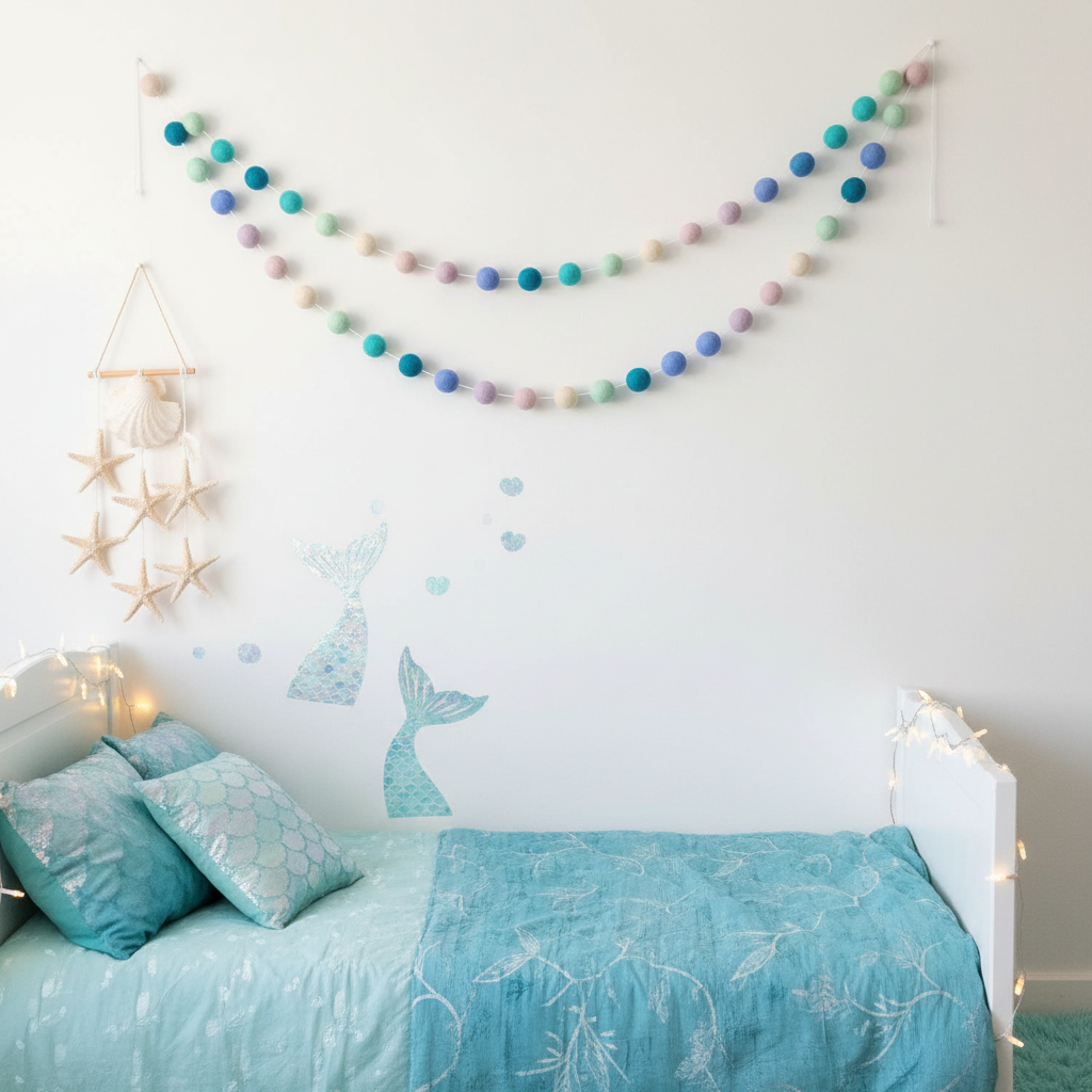 Guirlande de pompons feutrés sirène dans une chambre fille