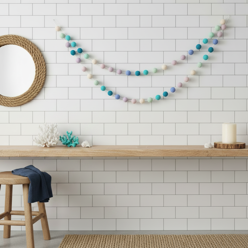 Guirlande de pompons feutrés sirène dans une salle de bain décorée de coraux et coquillages, ambiance plage