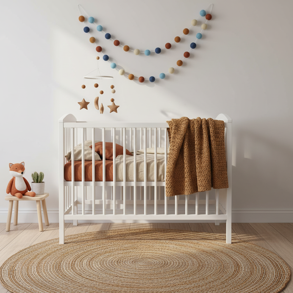 Guirlande de pompons feutrés terracotta bleu suspendue sur un mur dans une chambre bébé