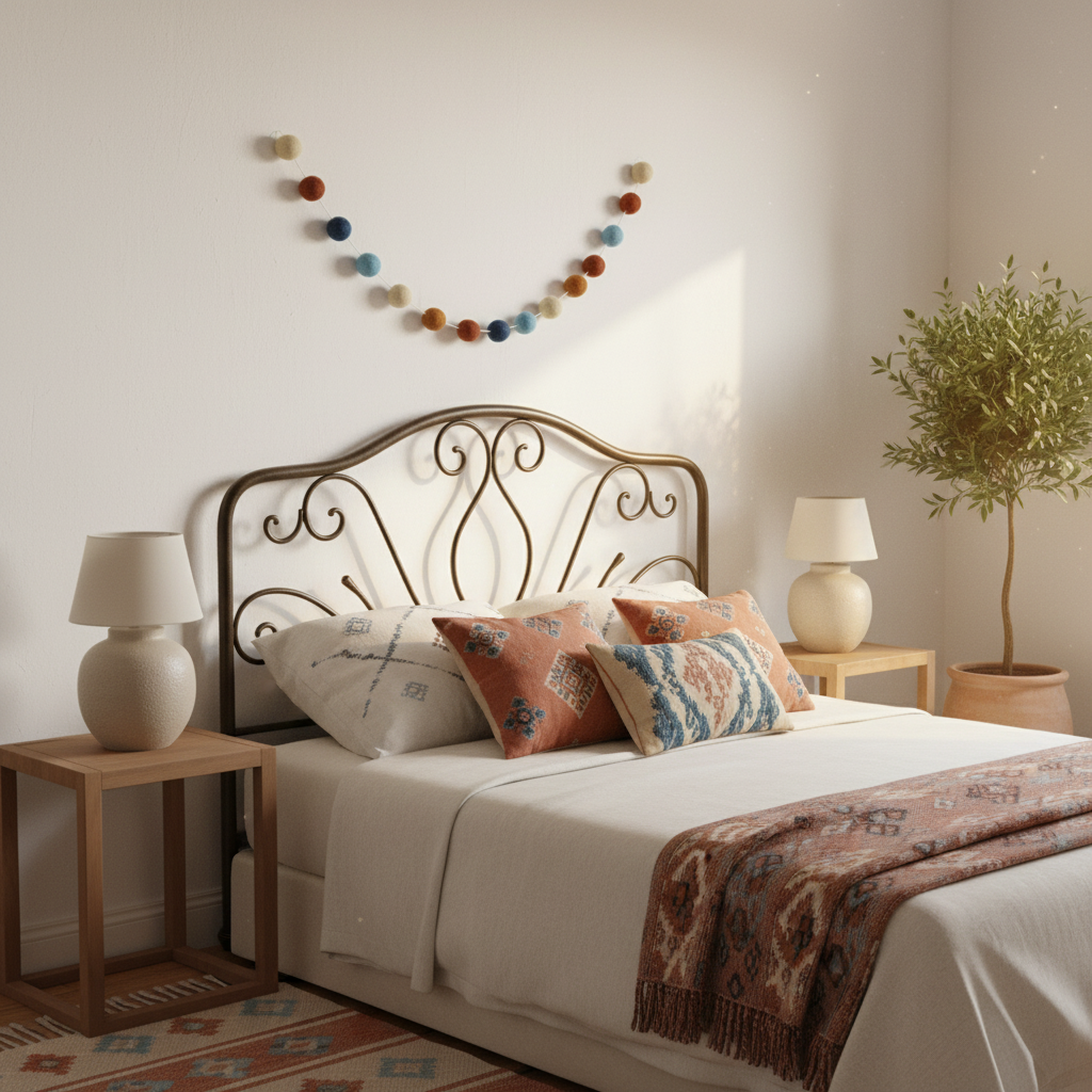 Guirlande de pompons feutrés terracotta bleu dans une chambre